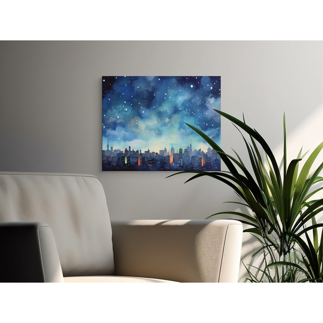 Starry Cityscape Watercolor Canvas Art Print, Dreamy Urban Skyline Night View Wall Decor for Modern Home, Unique Gift Idea Canvas