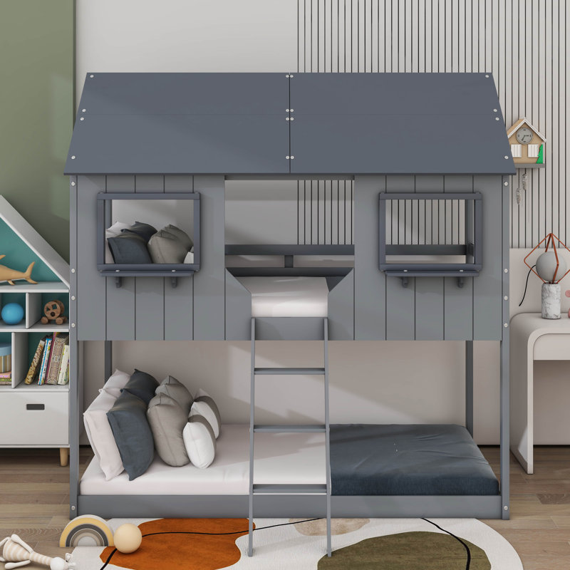 Twin Over Twin Bunk Bed Wood Bed With Roof, Window, Guardrail And Ladder