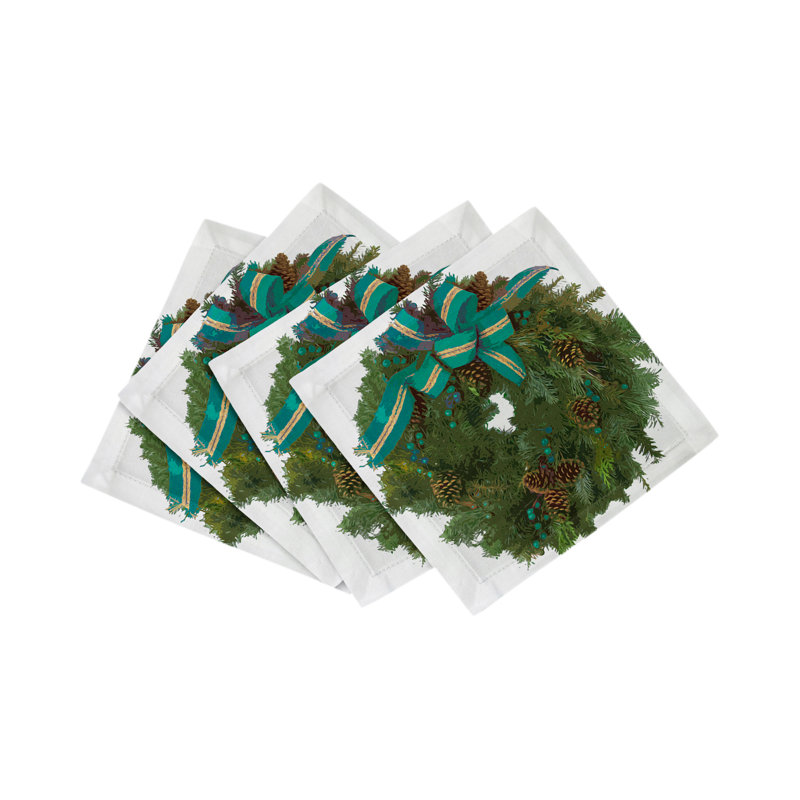 Christmas Wreath Cotton Sateen Cocktail Napkins, White