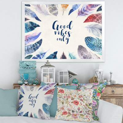 «Vibrant Blue Feather Good Vibes Only», impression sur toile encadrée