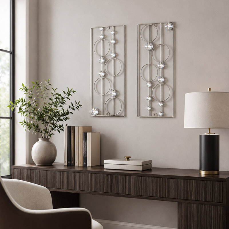 Ensemble 2 pièces d'art mural abstrait en métal 15,7 po, argent, Argent