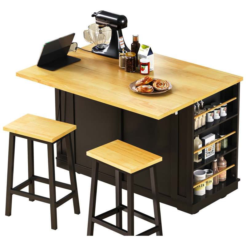 48inch Black Large Kitchen Island with 2 Bar Stools, Power Outlet & Storage - Rolling Cart with Drop Leaf, 5 Side Racks & 2 Drawers (3 Packages)