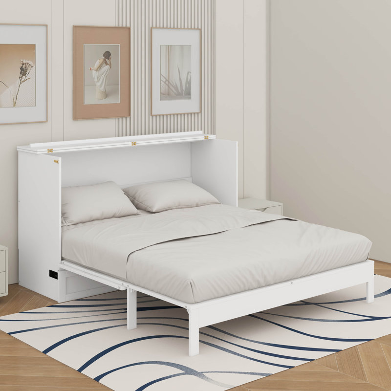 Grand lit escamotable avec tiroirs, Blanc, Queen