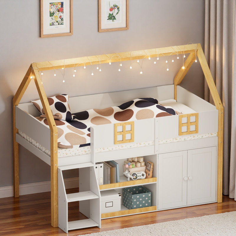 Lit mezzanine bas avec tablettes, armoires et lumières à DEL, Double