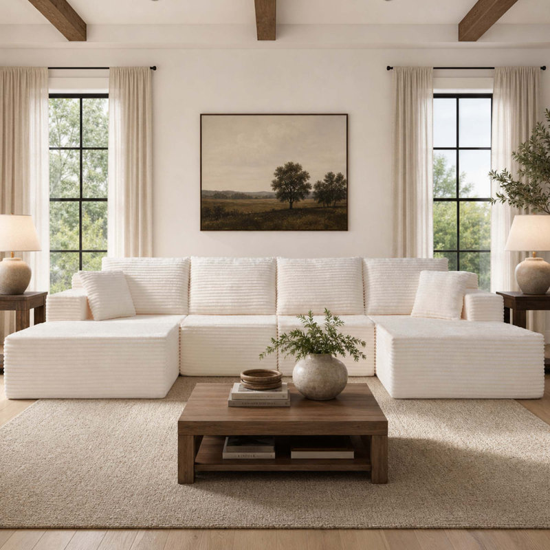 Canapé modulaire sans ossature avec deux poufs, Velours côtelé blanc