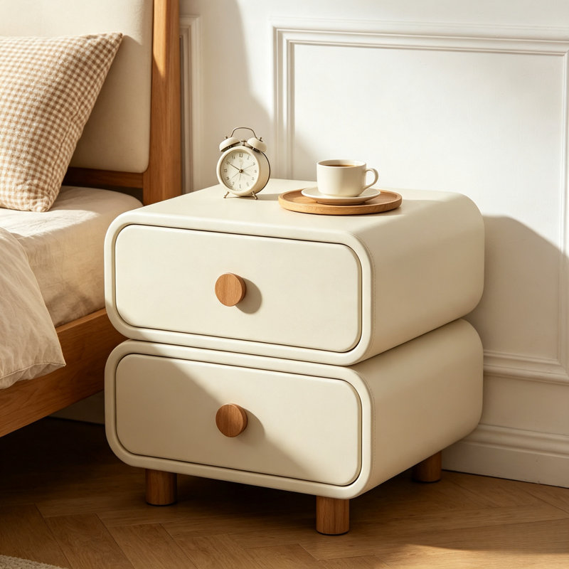 Cream 2-Drawer Nightstand, Modern Soft Rounded End Table with Wood Knobs & Solid Wood Legs, Multi-Purpose Bedside Storage Cabinet for Bedroom & Small Spaces