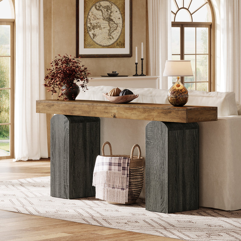 63" Long Entryway Table, Farmhouse Console Table, Brown/Dark Gray
