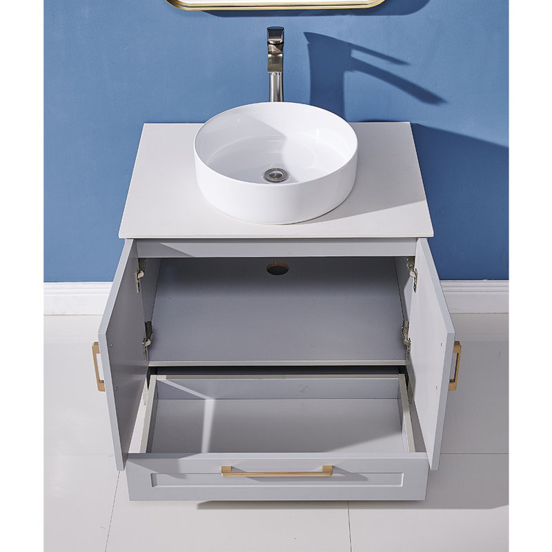 Meuble-lavabo simple autoportant moderne 30 po avec vasque ronde en céramique Mathurn, Gris clair