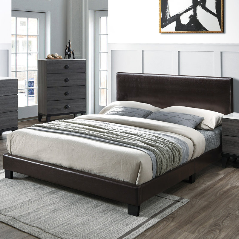 Structure de lit tapissier moderne en similicuir avec tête de lit réglable pour meubles de chambre à coucher, Double, Brun