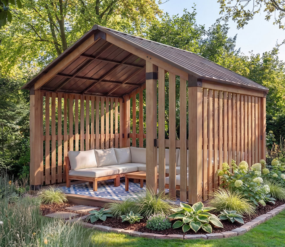 Salon d'été avec sofa et pergola.