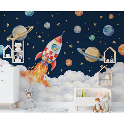 Whimsical Watercolor Space Planets and Rocket Ship Wall Mural Wallpaper for Kids Room and Nursery, Dark Blue Cosmos Theme with Stars and Clouds 1164DRS