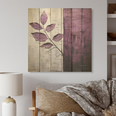 Mauve, feuilles, prune, précision, art mural sur bois de pin naturel