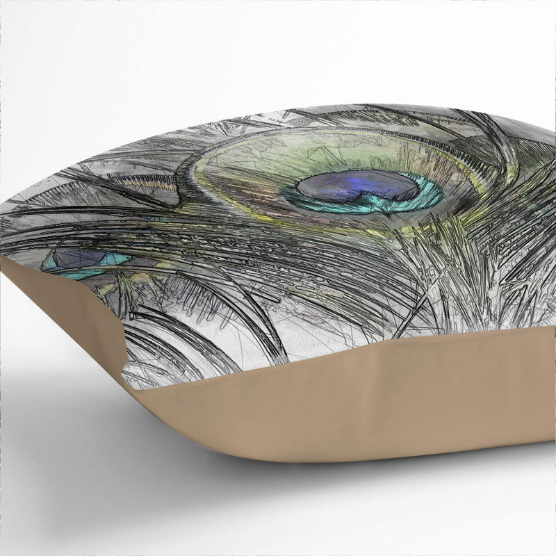 Peacock Feathers Cushion with Filling, Stone, 55cm H x 55cm W x 20cm D