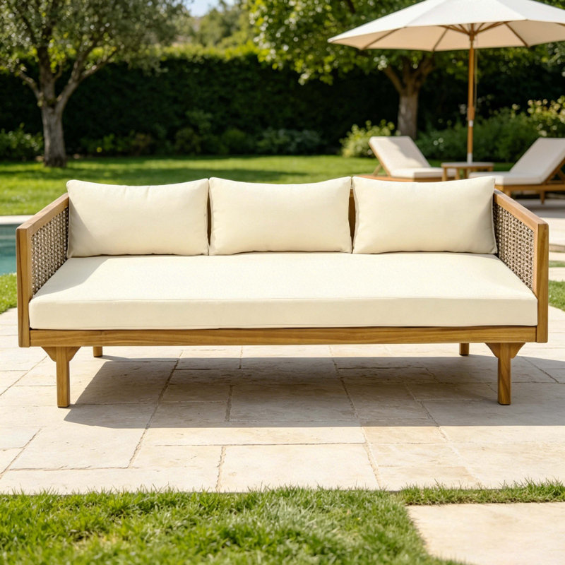 Outdoor 3-Seater Acacia Wood & Rattan Daybed Sofa with Water-Resistant Cushions, Patio Seating for Backyard & Garden, Beige