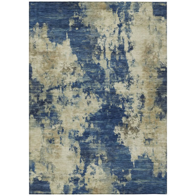 Machine Washable Indoor/Outdoor Xhevrie Navy Rug