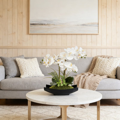 Orchidée en soie artificielle en pot noir - arrangement de phalaenopsis blanc réaliste pour centre de table de bureau à domicile et décor moderne