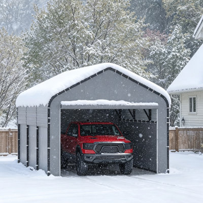 10 pi. L 16 pi. D Abri de voiture en métal robuste avec toit galvanisé et murs en tissu, lumière solaire, auvent extérieur résistant aux intempéries avec abri à neige 35PSF / vent de 100 mph
