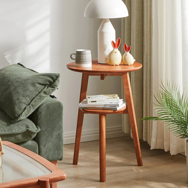 Table d'appoint de salon en bois massif à 2 niveaux avec table d'appoint, table de chevet, table de bout ronde en bois massif, petite table d'appoint à 2 niveaux avec tablette de rangement inférieure