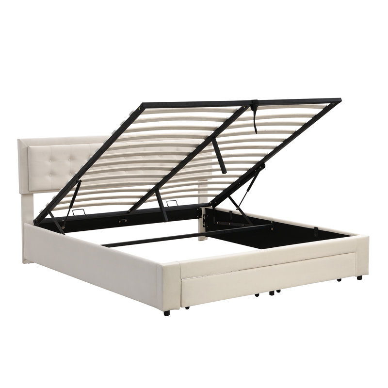 Upholstered ottoman bed velvet, Super King (6'), Beige