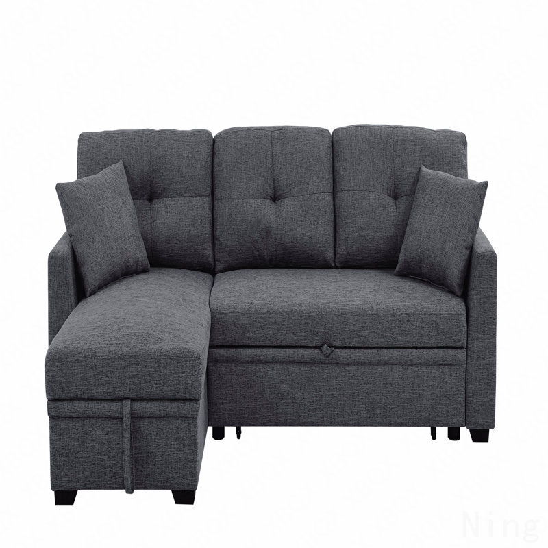 76.5" Linen Blend Upholstered Sectional With Pull-Out Bed And Chaise Storage, Dark Gray