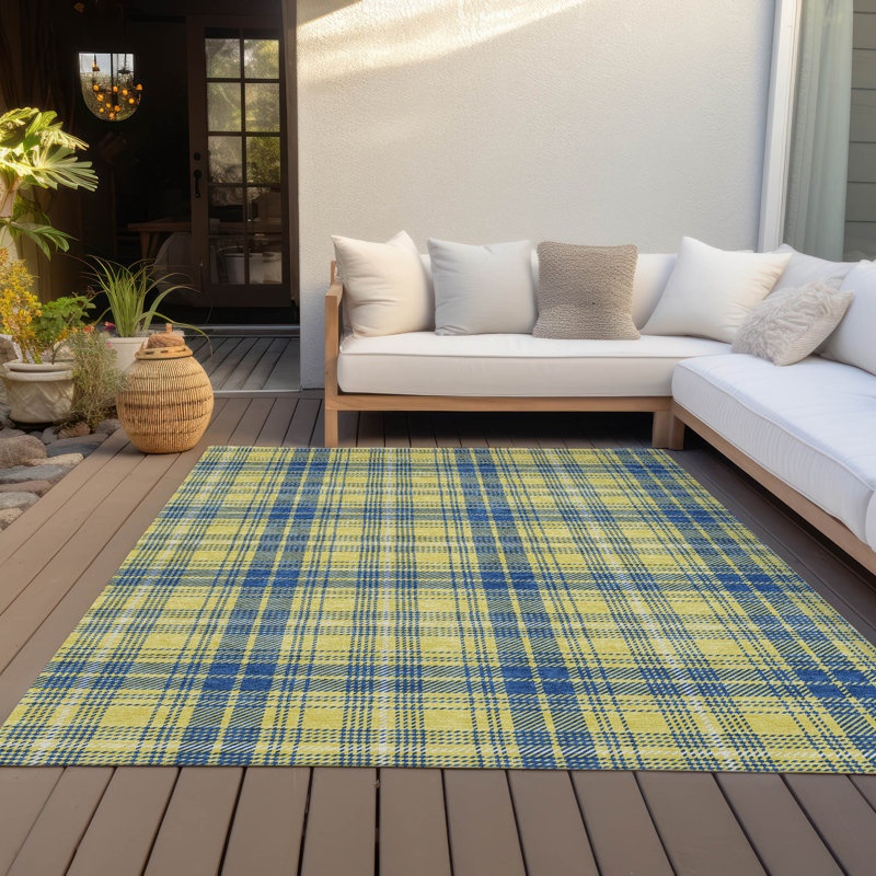 Yellow and Blue Plaid Washable Synthetic Rug, 3' x 5'