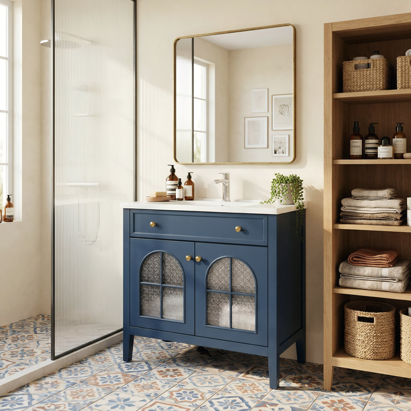 Meuble-lavabo 36 po Mid-Century avec verre à motif et bande lumineuse à capteur de mouvement, Bleu