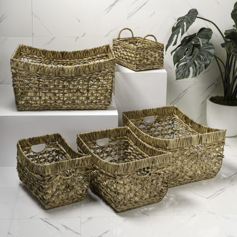 Aria Contemporary Bohemian Handwoven Water Hyacinth Nesting Storage Baskets with Handles (Set of 5), Natural