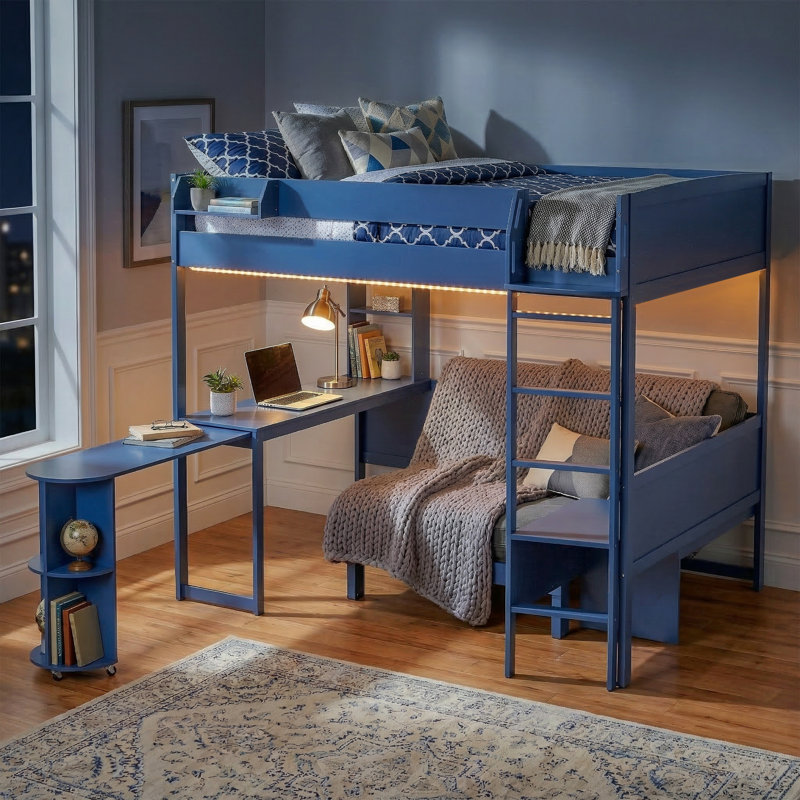 Full Size Wood Loft Bed with Desk, Storage Shelf, Sofa & Light, Navy Blue, Navy Blue