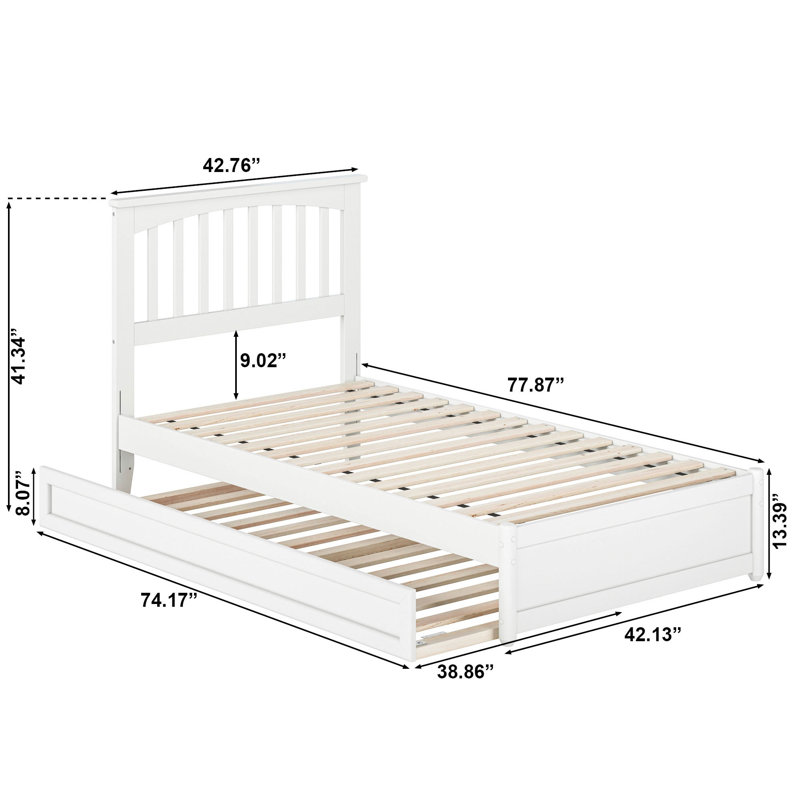 Lit plateforme en bois massif Asparas avec pied de lit et lit gigogne, Simple, Blanc