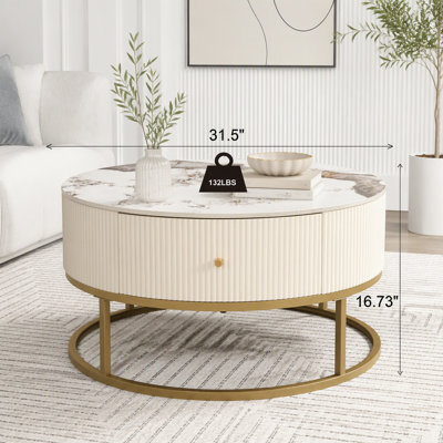 Table basse ronde moderne avec tiroirs et revêtement en faux marbre