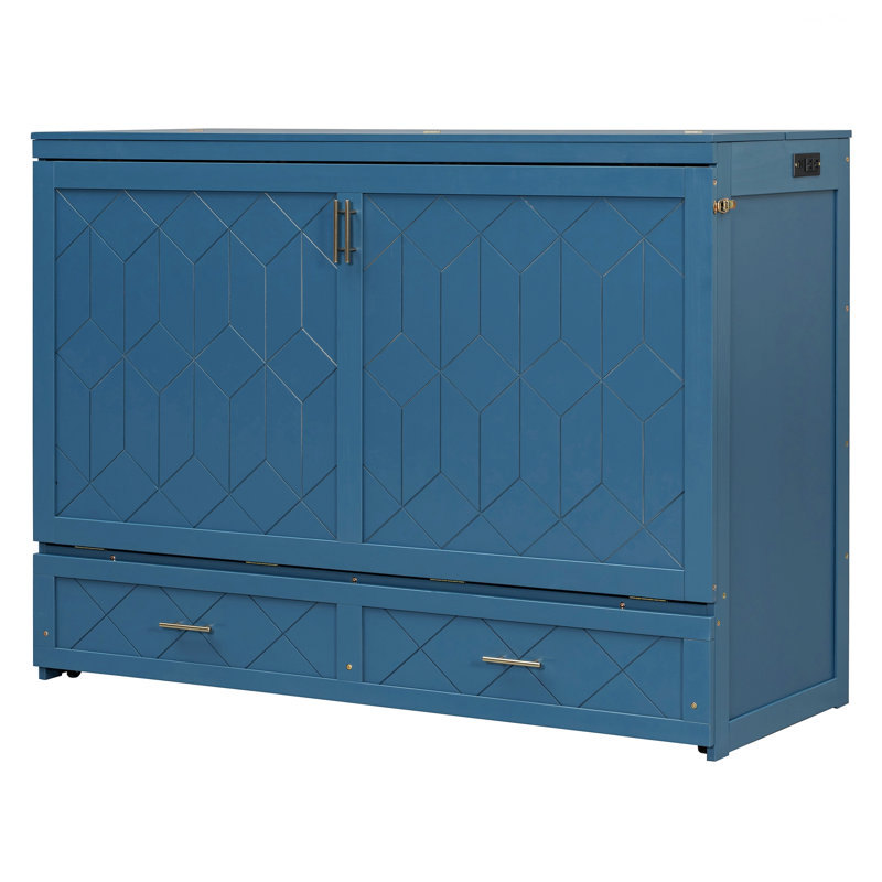 Cadre de lit pour chambre à coucher, lit escamotable avec tiroir et ensemble de prises, ports USB, Navy Blue