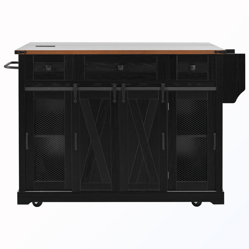 Rolling Storage Kitchen Island with Sliding Barn Door & Spice Rack, Black