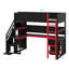Lit mezzanine simple en bois à des fins de jeu, comprenant des escaliers pour le rangement, un bureau intégré, des tablettes et un panneau perforé-603650905-603650911