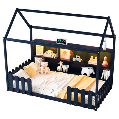 Navy Blue Twin House Bed With Shelf Storage And Led For Arranged Solutions -