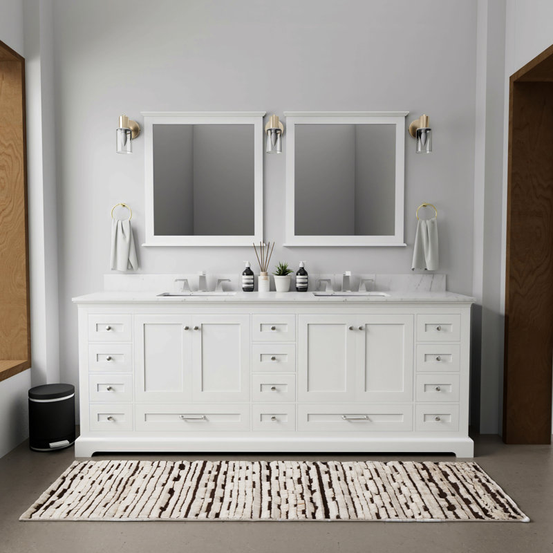 Meuble-lavabo double 84 po X P 22 po D, avec plateau en marbre de Carrare pour la maison, Blanc