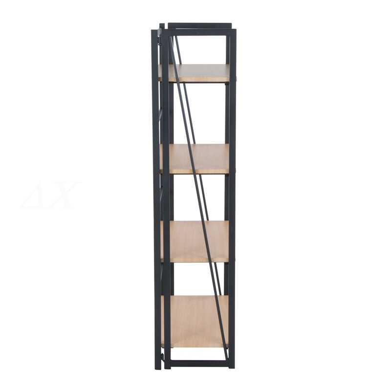 Bibliothèque contemporaine en métal peint noir et bois naturel, 49.28" H x 12.02" W x 23.77" D