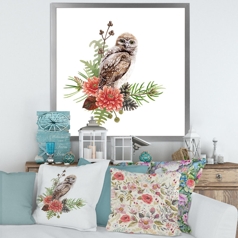 Chouette sur une branche - reproduction d'art sur toile traditionnelle, Cadre photo argenté, H 30 po x l 30 po x P 1 po