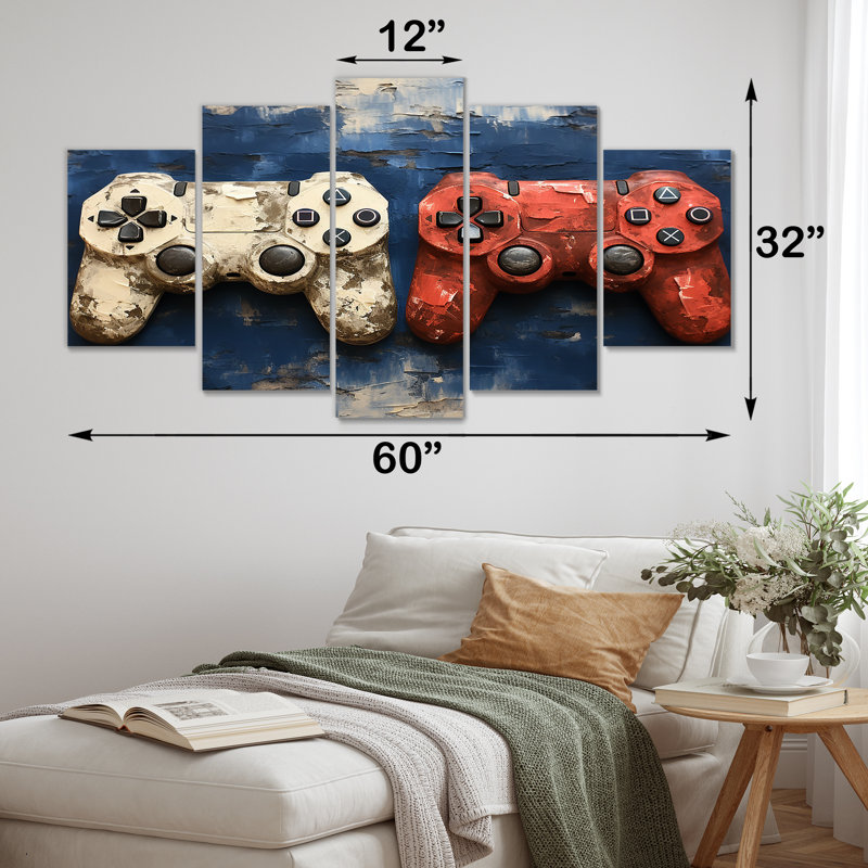 White and Red Ps Video Game Controllers - Jeux vidéo, ensemble d'art mural multi-panneaux