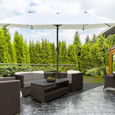 Parasol de terrasse de 4,57 m (15 pi) - Parasol rectangulaire double face en acier, toile beige, base, manivelle facile pour jardin, terrasse, piscine, protection solaire extérieure, antirouille.