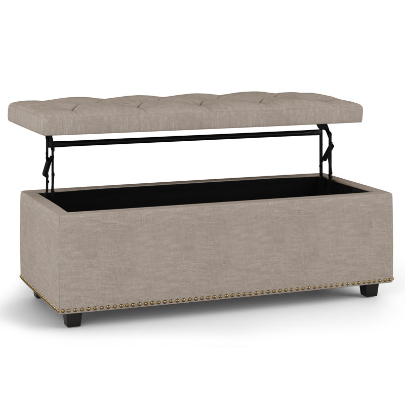 Hamilton 44"W Upholstered Lift-Top Storage Ottoman with Nailhead Trim and Tufted Detailing, Natural Linen Blend