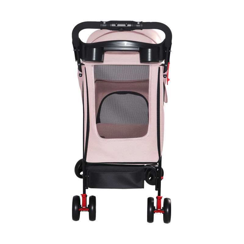 Poussette pliable à 4 roues pour petits animaux avec plateau et panier de rangement