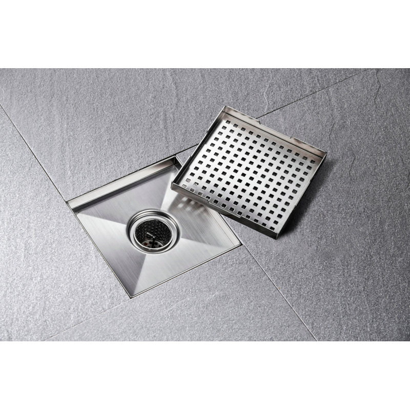 Caniveau de douche carré, 15 x 15 cm, acier inoxydable, nickel brossé, couvercle de grille