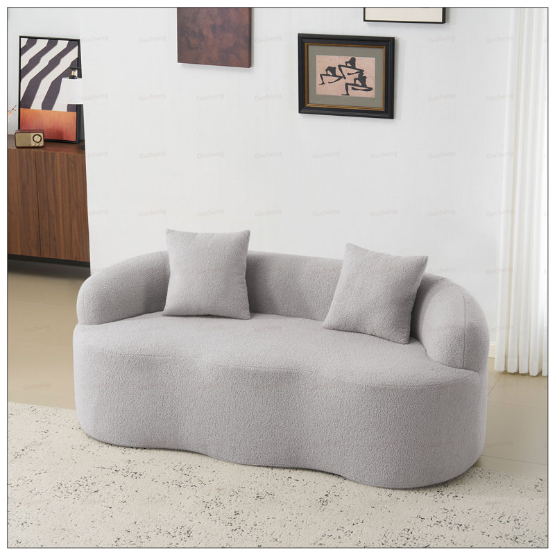 Grey Curved Loveseat Sofa with Round Armrest, Compression Couch with 2 Pillows, Ideal for Small Spaces and No Assembly Required
