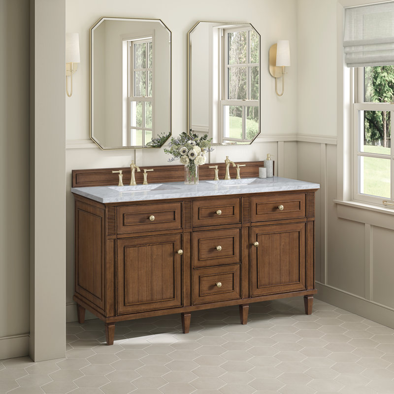 Lorelai 60'' W Double Vanity, Mid-Century Walnut, Carrara White, 8" Widespread