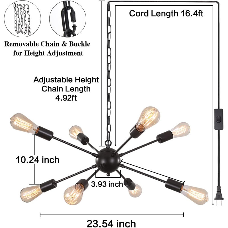 Black 8-Light Sputnik Plug-In Chandelier with Adjustable Chain