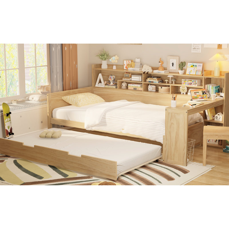 Lit de jour simple avec rangement en bois et configuration de bureau efficace, Naturel, Lit simple
