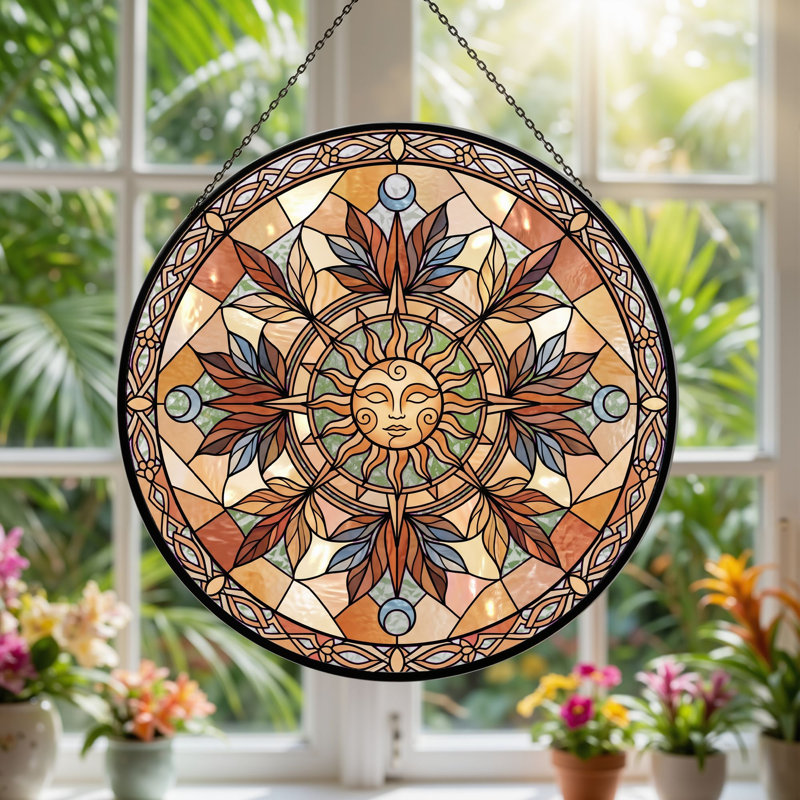 Panneau de vitrail Sun Mandala, H 12 po, H 12 po