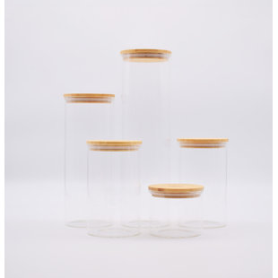 Yogik Set Of 5 Round High Borosilicate Glass Food Storage Containers With Eco-friendly Bamboo Lids - Plastic Free - Phthalate Free - Lfgb Approved  - Ovenproof Glass Up To 520 ‘c