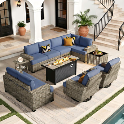 Outdoor Wicker 9 Person Modular Sectional Patio Seating Group With Swivel Rocking Chairs And Fire Pit Table
