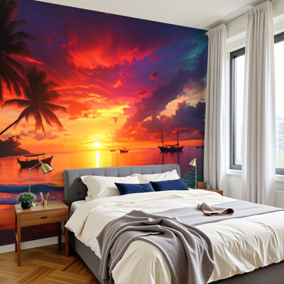 Peel and Stick Wallpaper 96" W x 69" H Modern Self Adhesive Wall Mural for Bedroom Tropical Sunset Beach Palm Trees Vibrant Sky